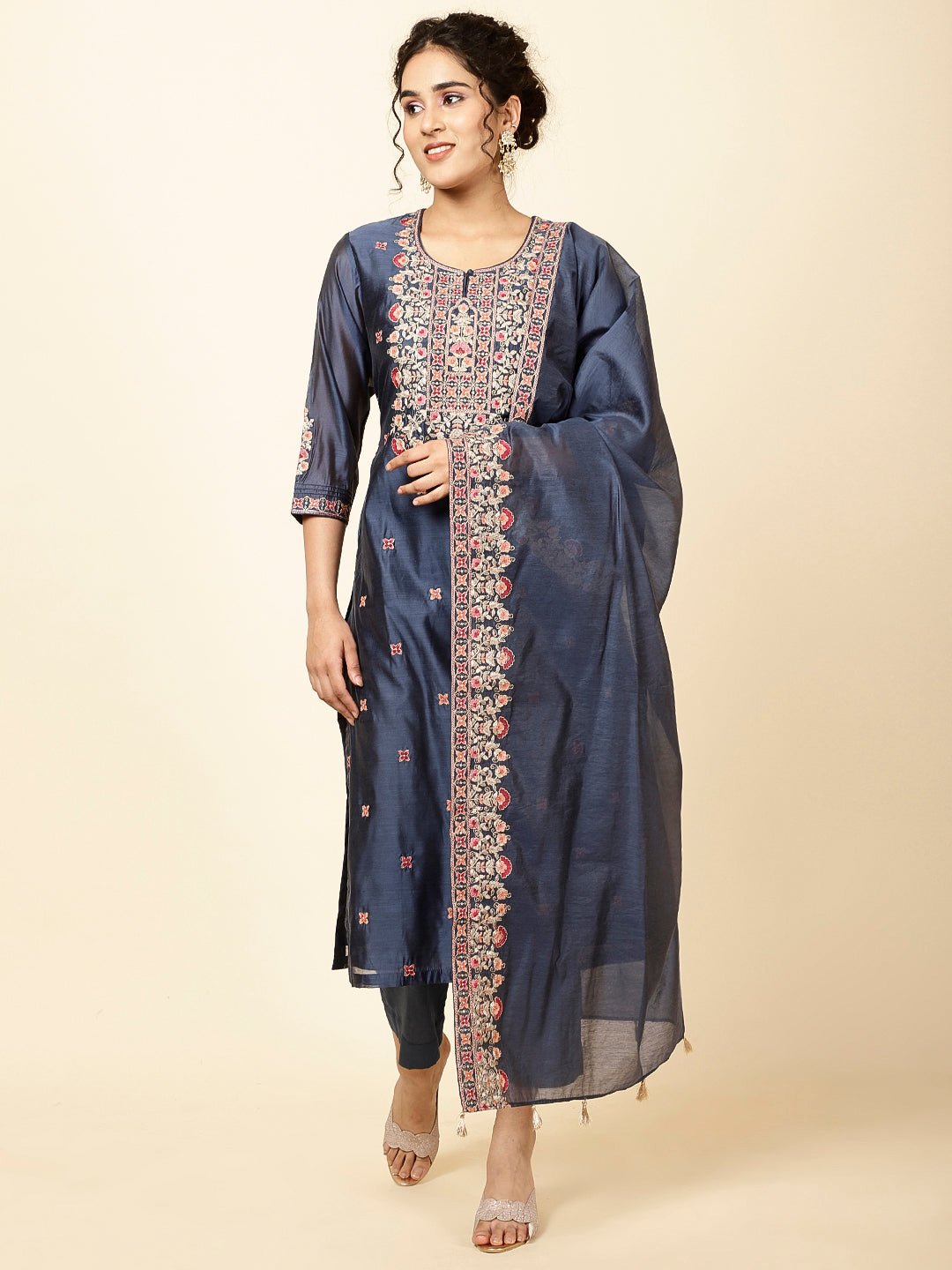 Neck Embroidered Chanderi Kurta With Pants &amp; Dupatta