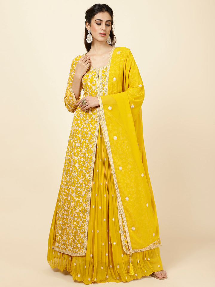 Embroidered Georgette Kurta With Skirt &amp; Dupatta