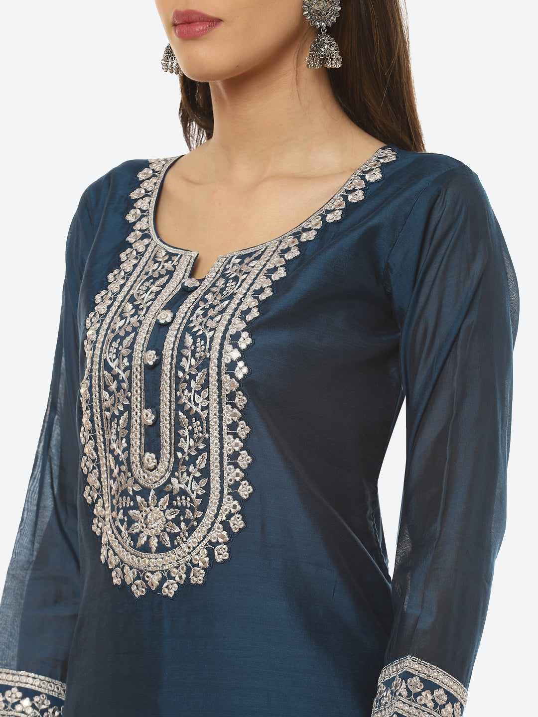 Resham Neck Ghera Chanderi kurta With Pant &amp; Dupatta