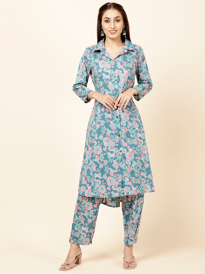 Floral Printed Cotton Kurta With Pants