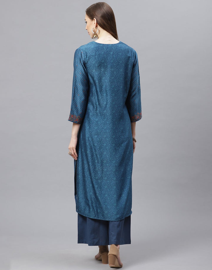 Blue Straight Cotton Chanderi Kurta with Plazzo Set