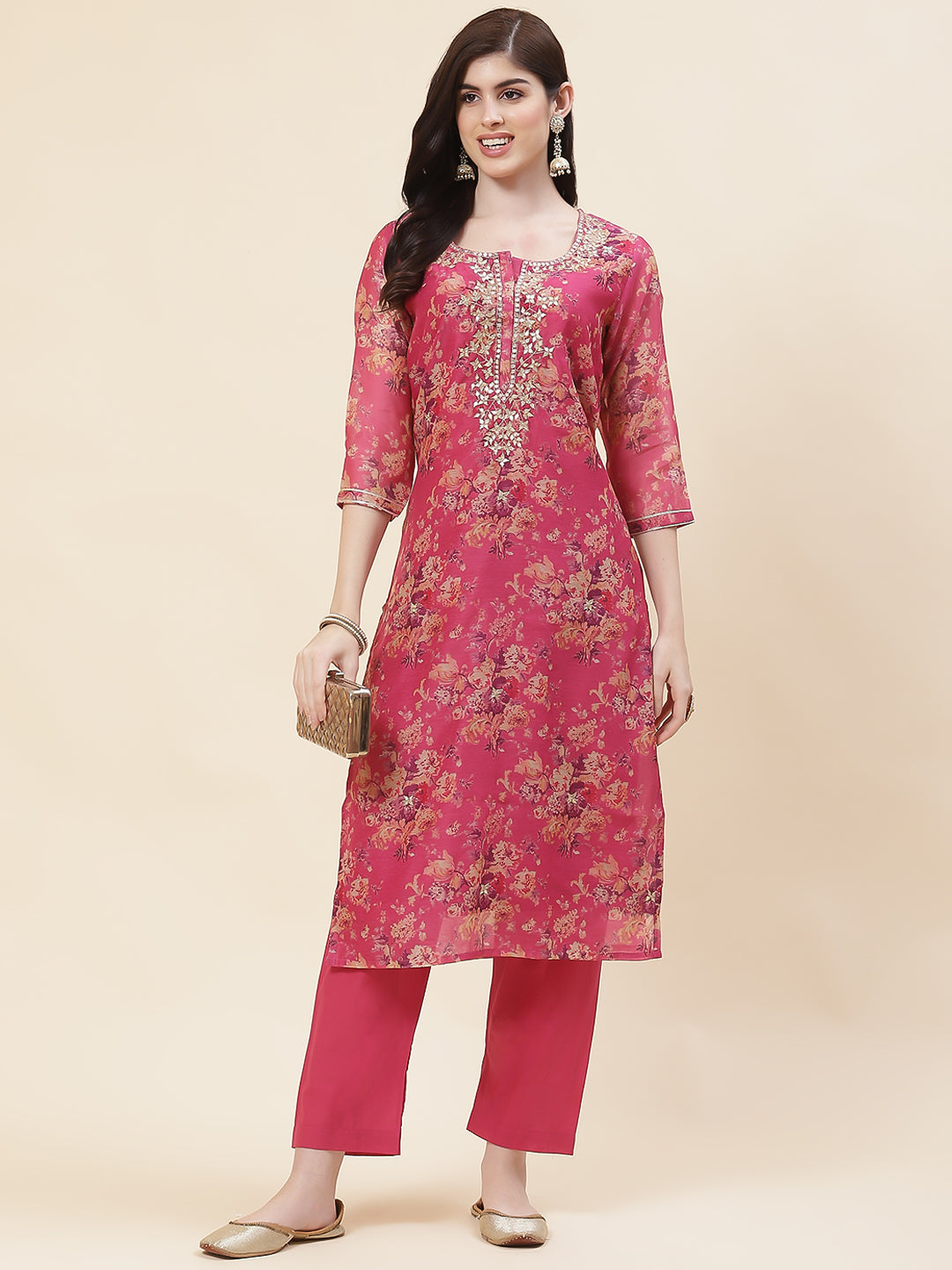 Printed Chanderi Kurta With Pants