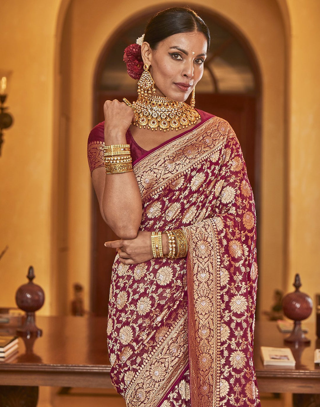 Wine Banarasi Kaddi Saree