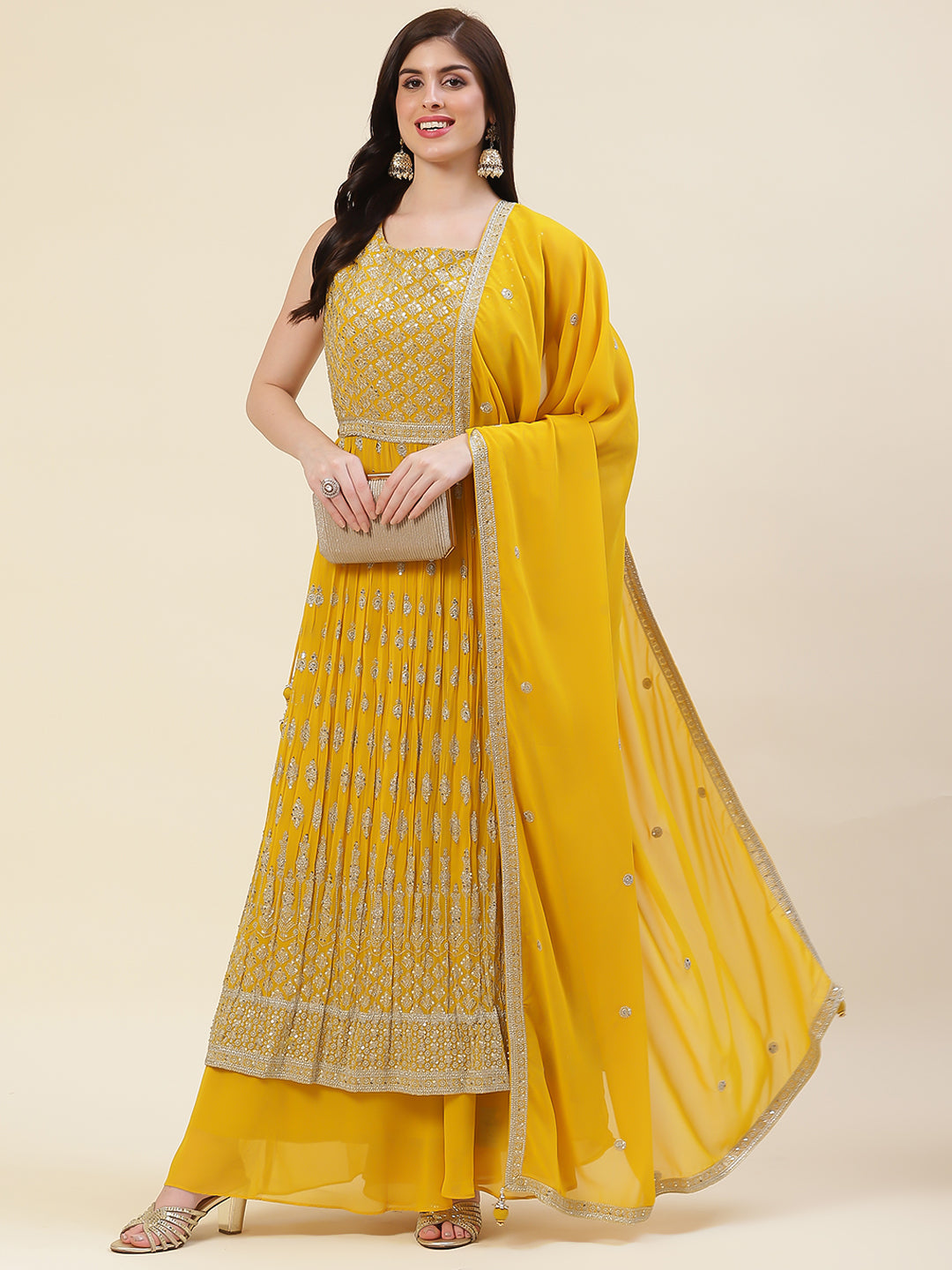 Sequin Embroidered Georgette Kurta With Palazzo &amp; Dupatta