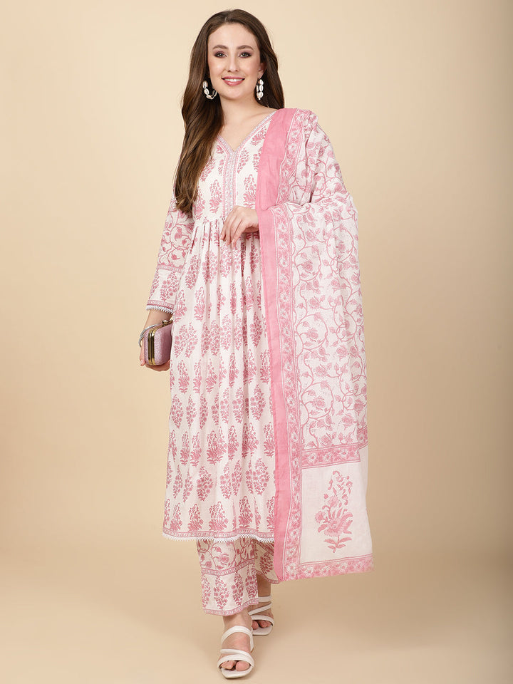 Floral Block Printed Cotton Kurta With Pants &amp; Dupatta