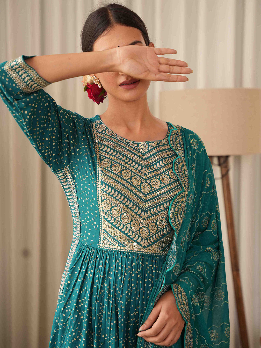 Bandhani Embroidered Rayon Kurta With Pants &amp; Dupatta