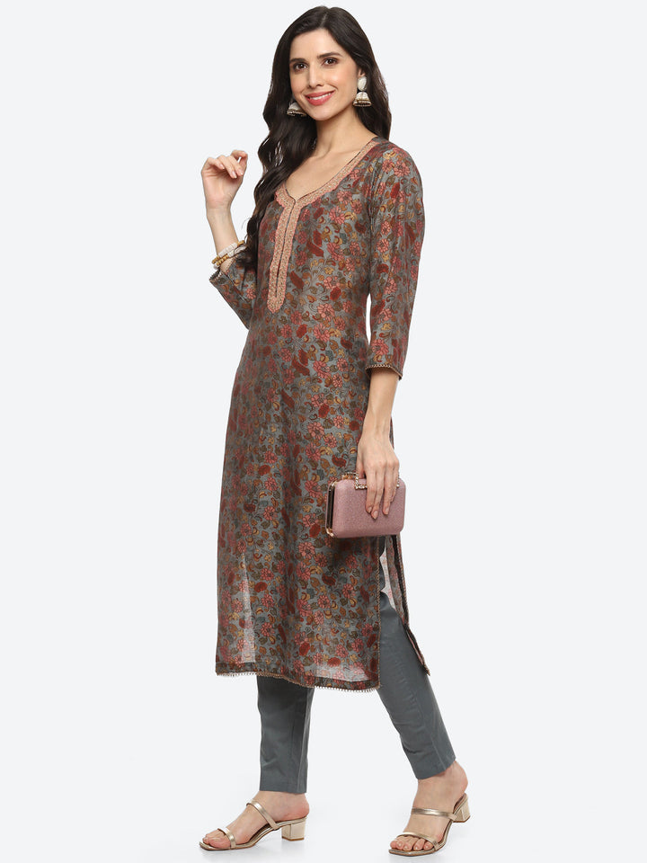 Sequin Yoke Printed Muslin Kurta With Pant