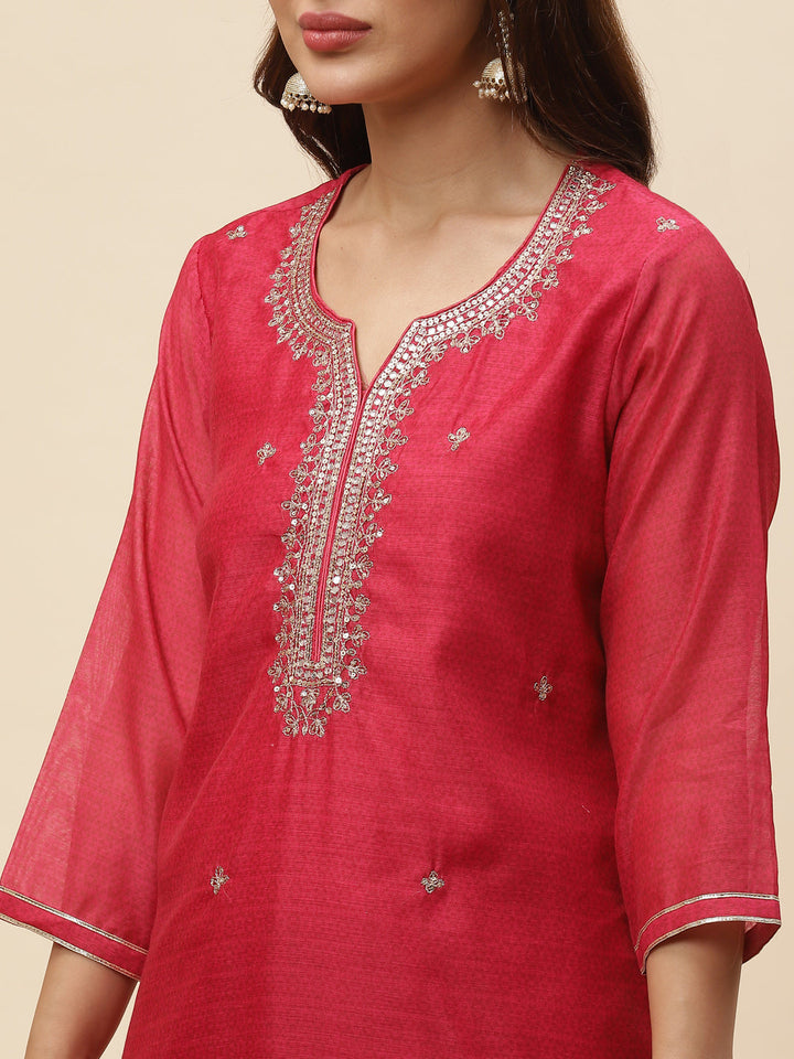 Neck Embroidered Chanderi Kurta With Pants &amp; Dupatta