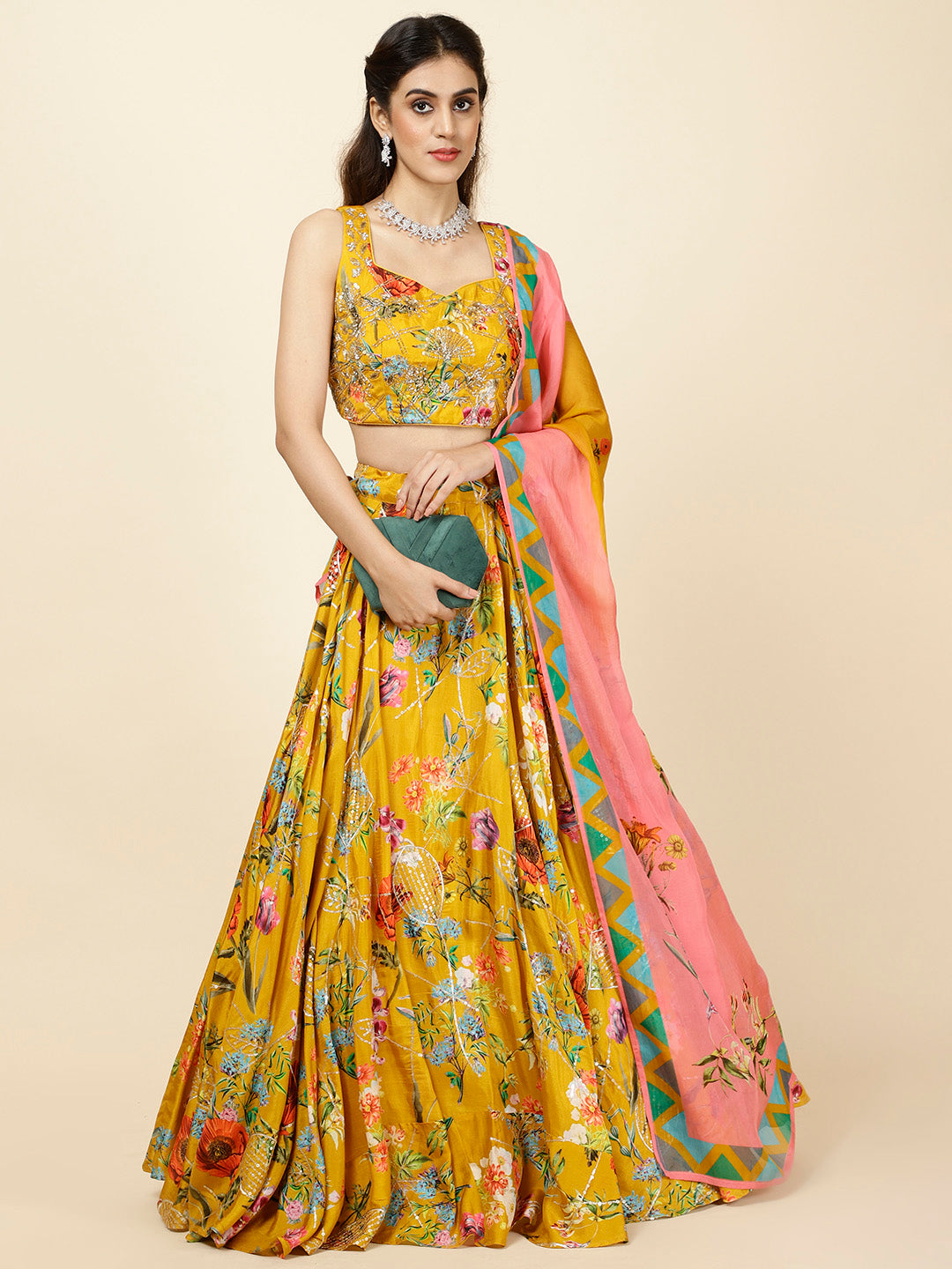 Floral Printed Crepe Choli With Lehenga &amp; Dupatta