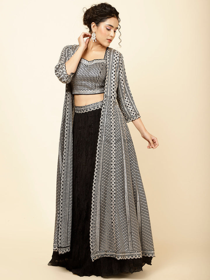 Sequin Embroidered Crepe Choli With Lehenga &amp; Jacket