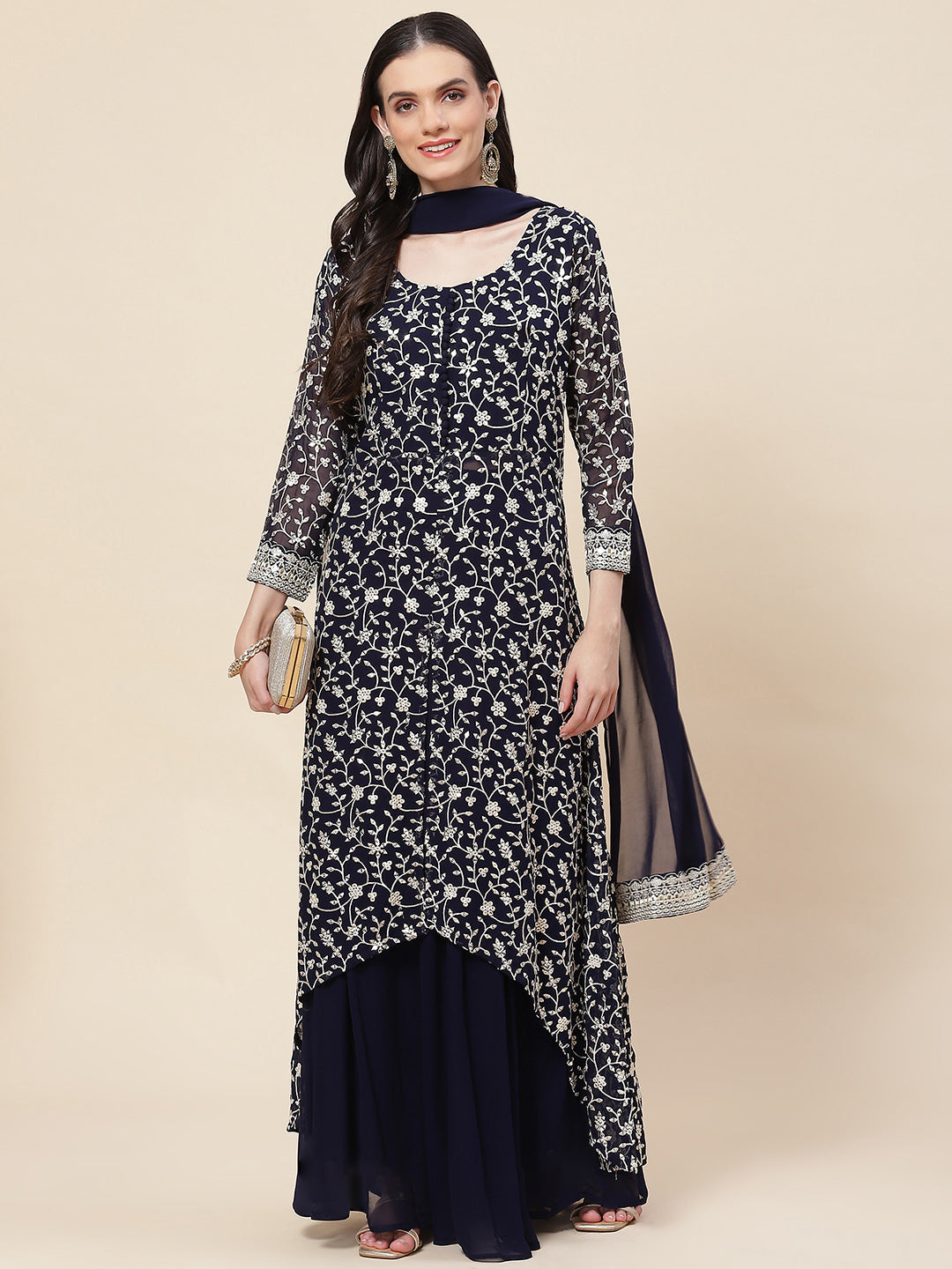 Embroidered Georgette Kurta With Palazzo &amp; Dupatta