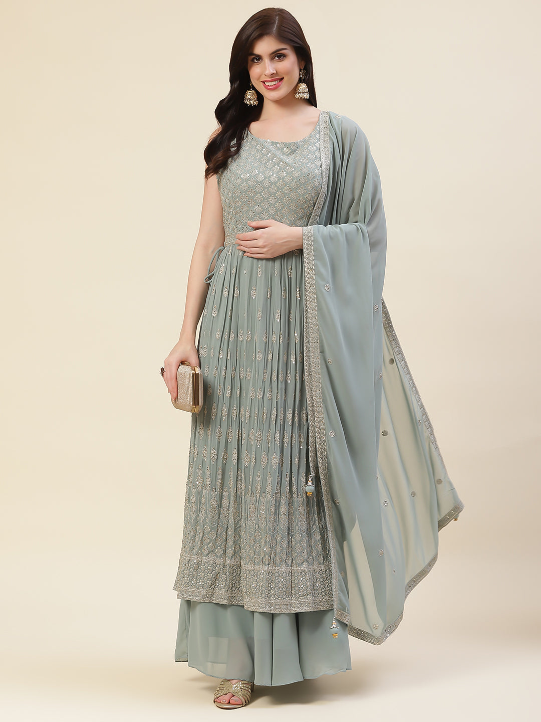 Sequin Embroidered Georgette Kurta With Palazzo &amp; Dupatta