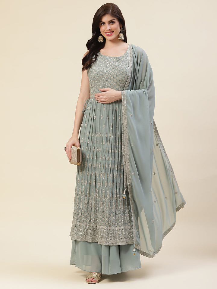 Sequin Embroidered Georgette Kurta With Palazzo &amp; Dupatta