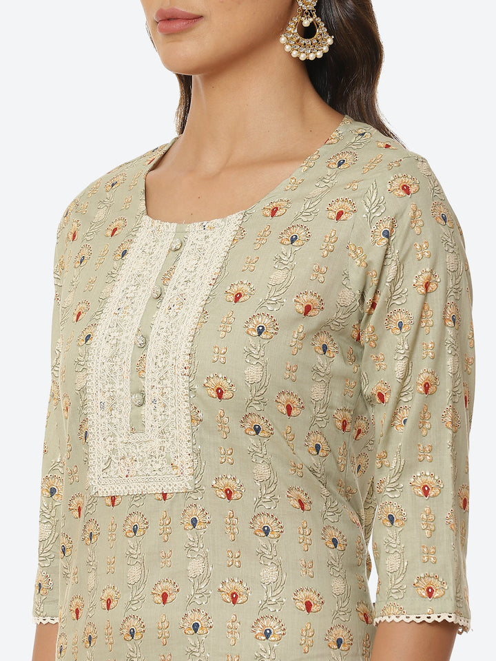 Floral Printed Cotton Kurta With Pant &amp; Cotton Dupatta