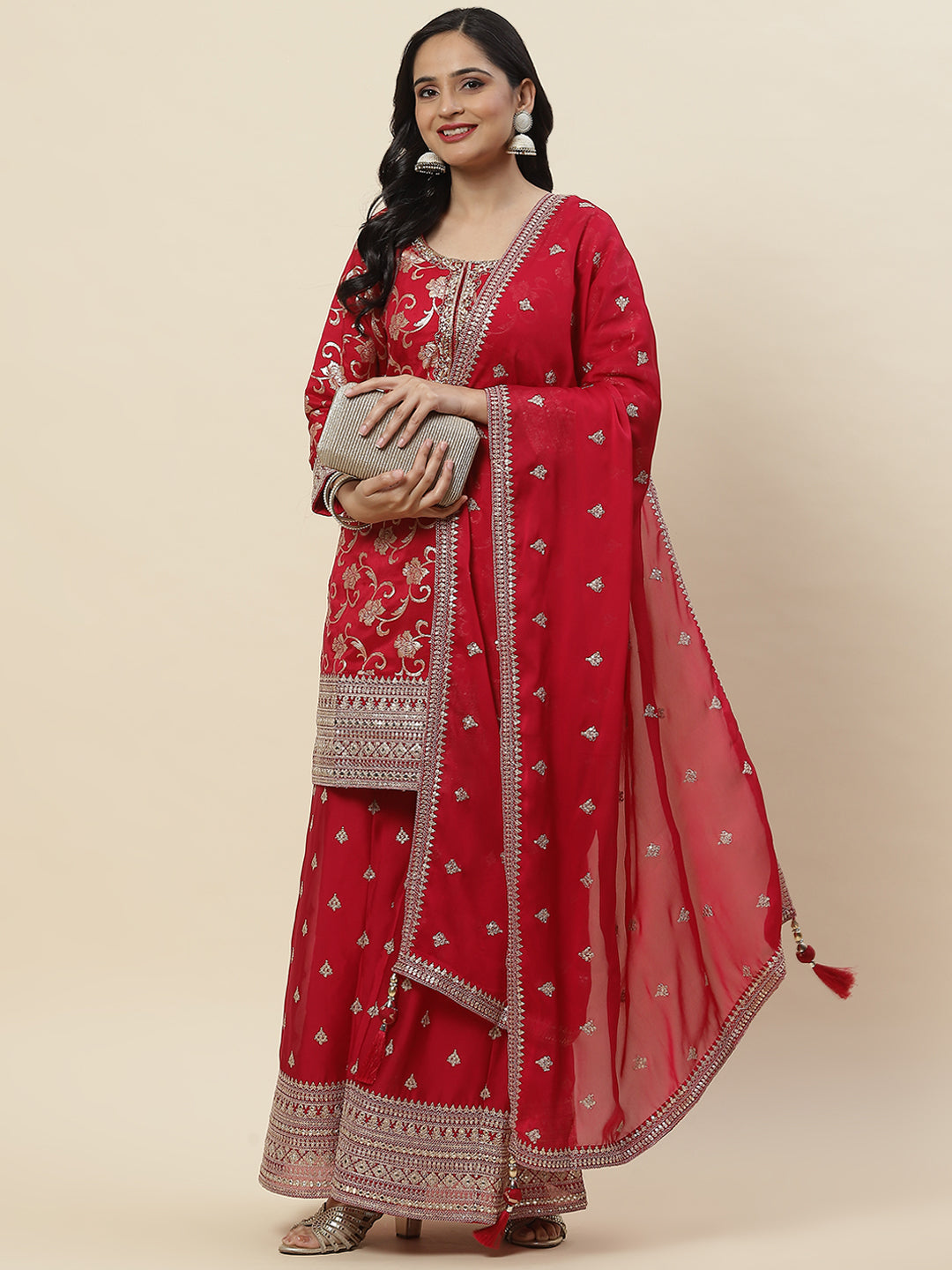 Floral Woven Handloom Kurti With Pants &amp; Dupatta