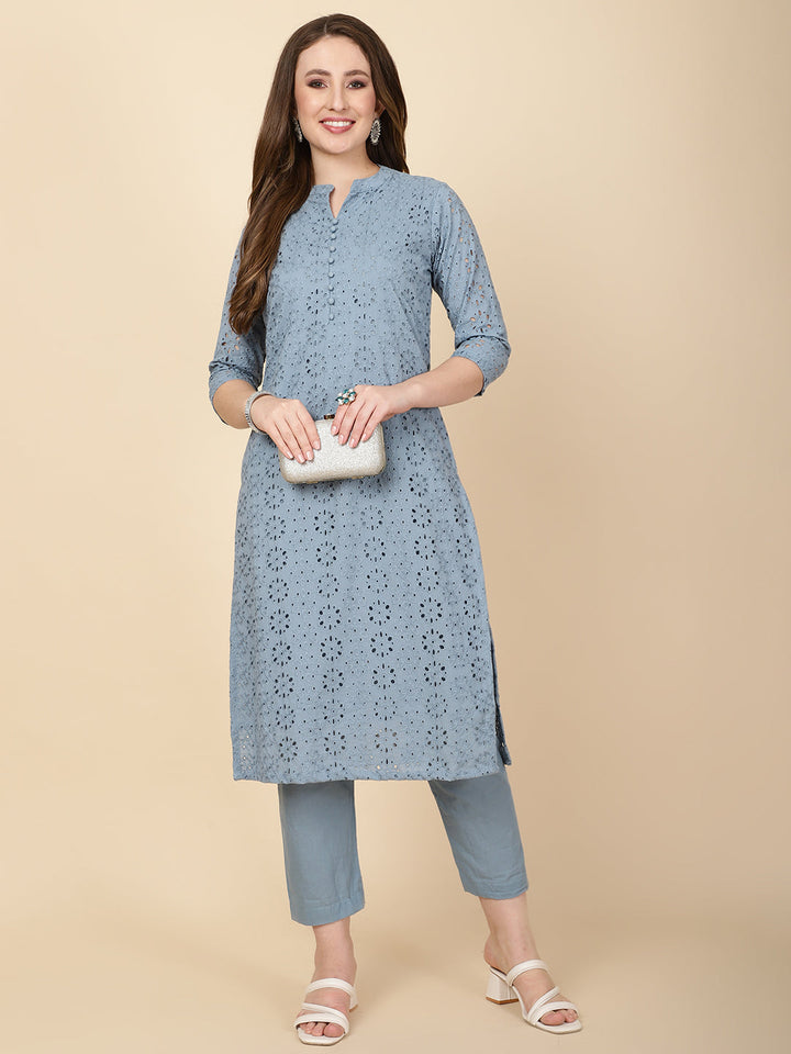 Schiffli Embroidery Cotton kurta With Pants