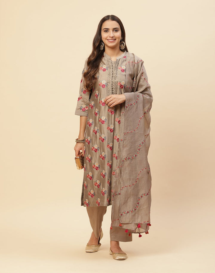 Resham Booti Embroidered Cotton Chanderi Stitched Salwar Kameez With Chanderi Dupatta