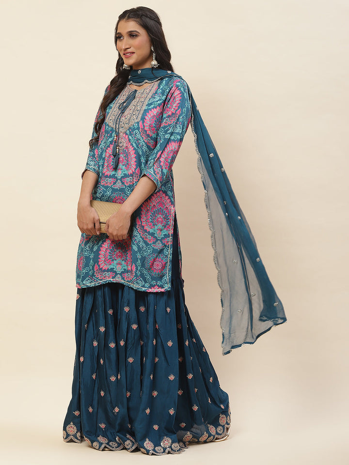 Floral Printed Cotton Kurta With Sharara &amp; Dupatta