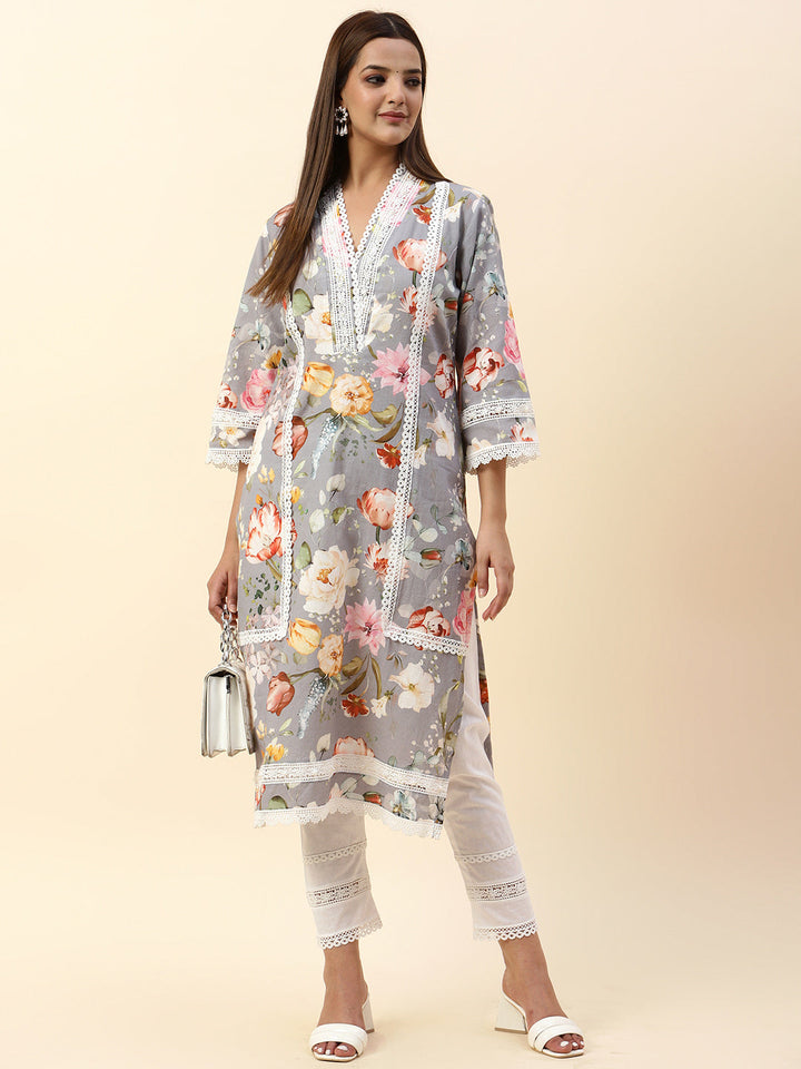 Floral Printed Cotton Kurta With Pants