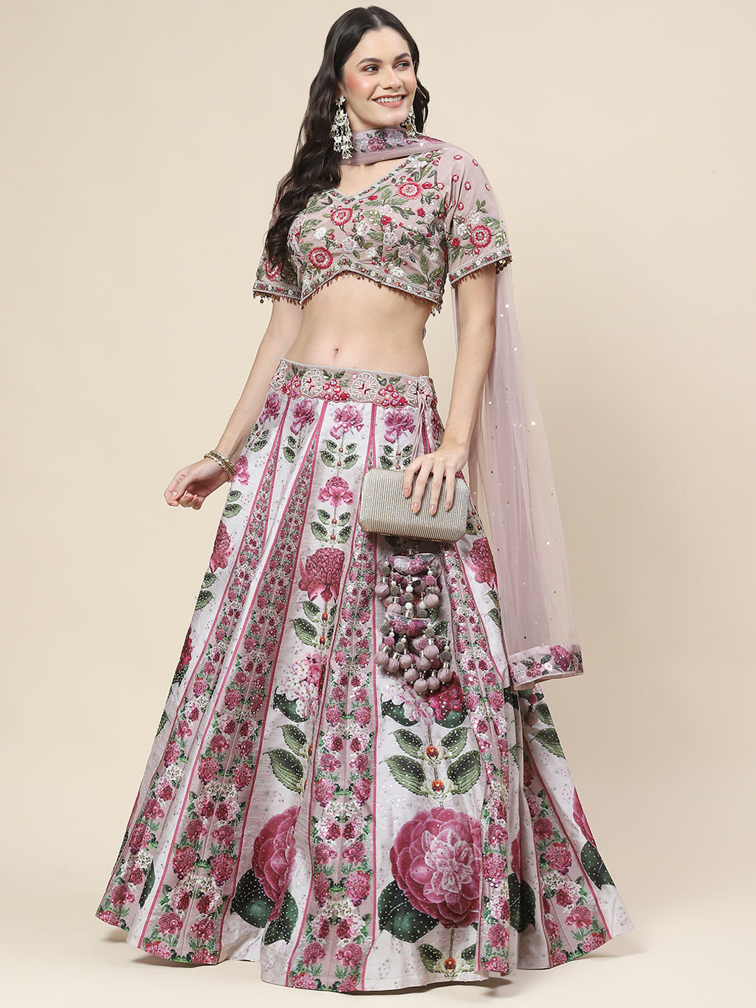 Floral Printed Handloom Choli With Lehenga &amp; Dupatta