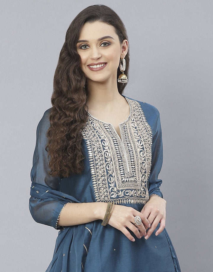 Red and Teal Blue Cotton Chanderi Salwar Kameez