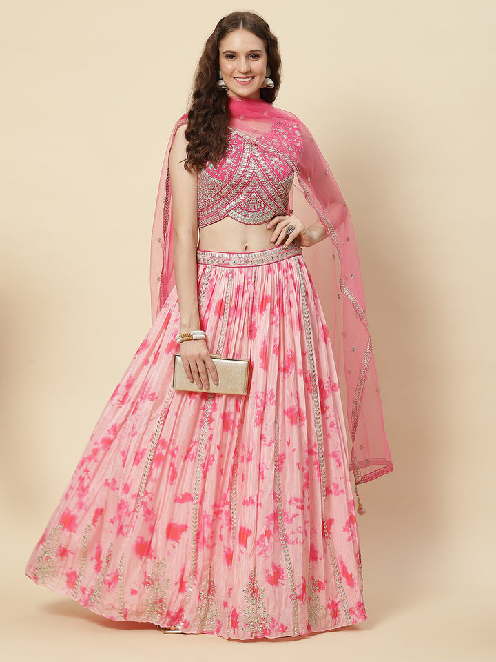 Zari Embroidered Printed Crepe Choli With Lehenga &amp; Net Dupatta