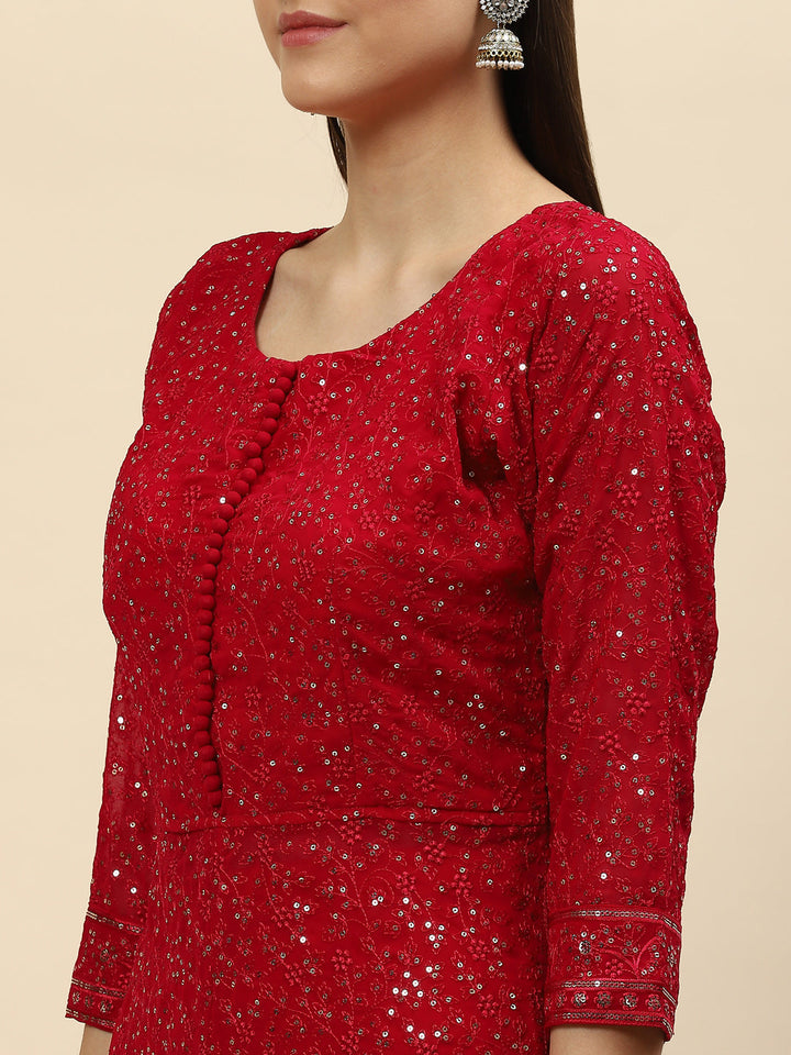 Sequin Embroidered Georgette Kurta With Palazzo &amp; Dupatta