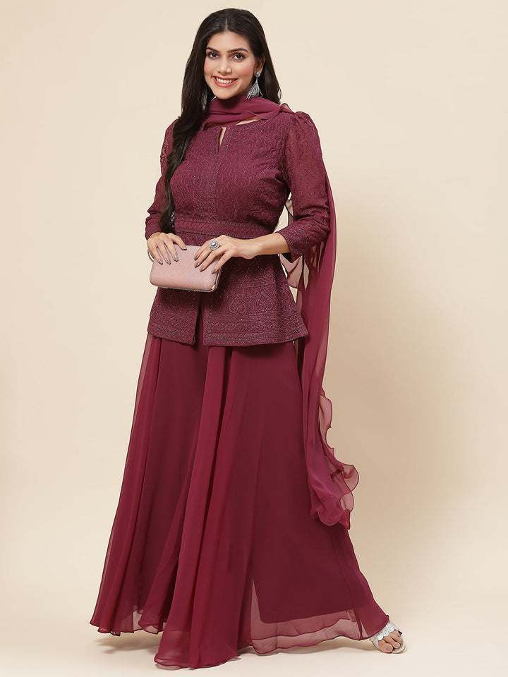 Resham Embroidered Georgette Kurti With Palazzo &amp; Dupatta