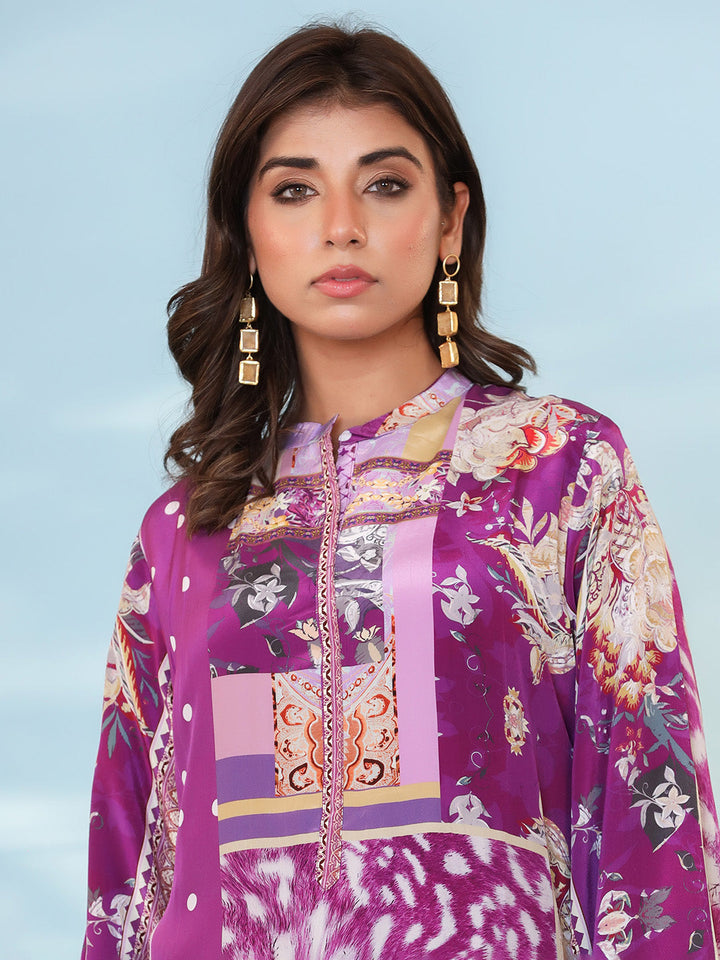 Purple Cotton Blend Printed Straight Suit Set