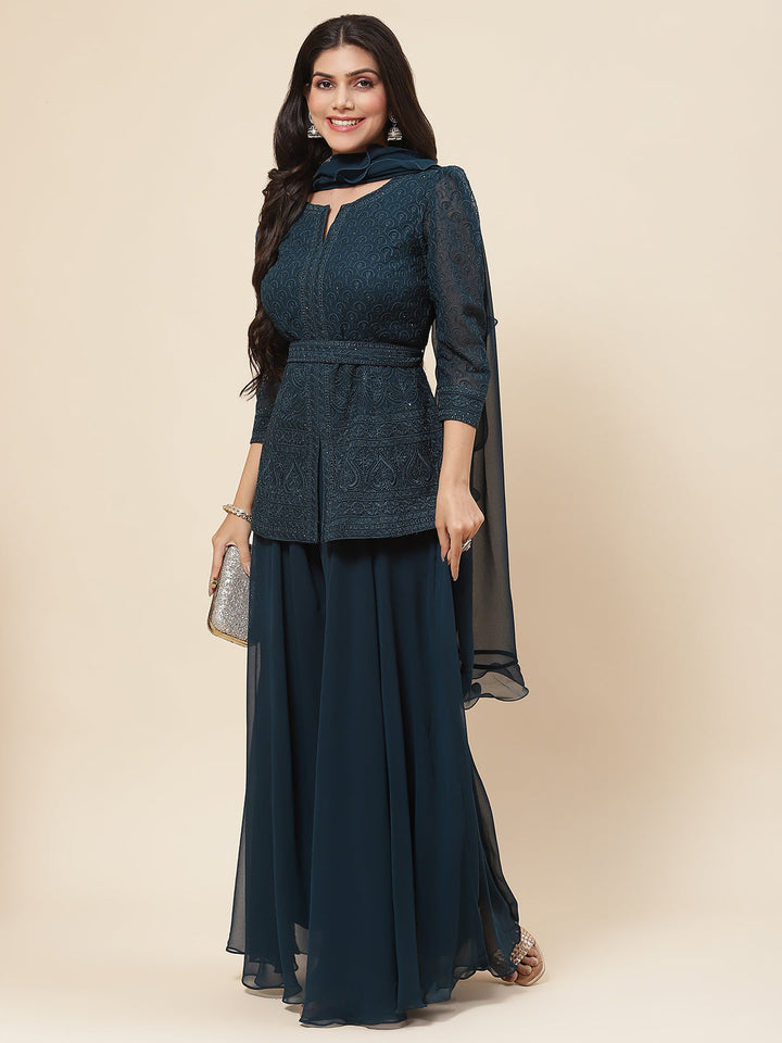 Resham Embroidered Georgette Kurti With Palazzo &amp; Dupatta