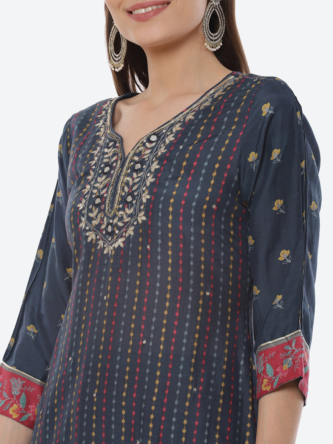 Mirror Work &amp; Printed Muslin Kurta With Pant &amp; Chiffon Dupatta