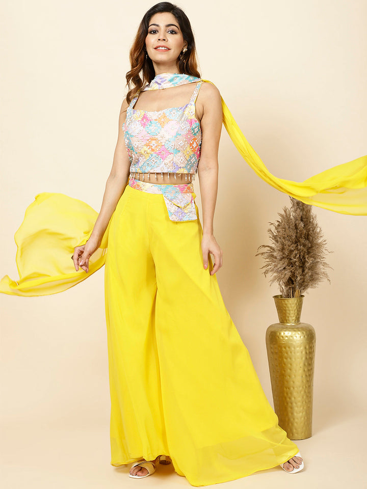 Neck Embroidered Georgette Crop Top With Palazzo &amp; Dupatta