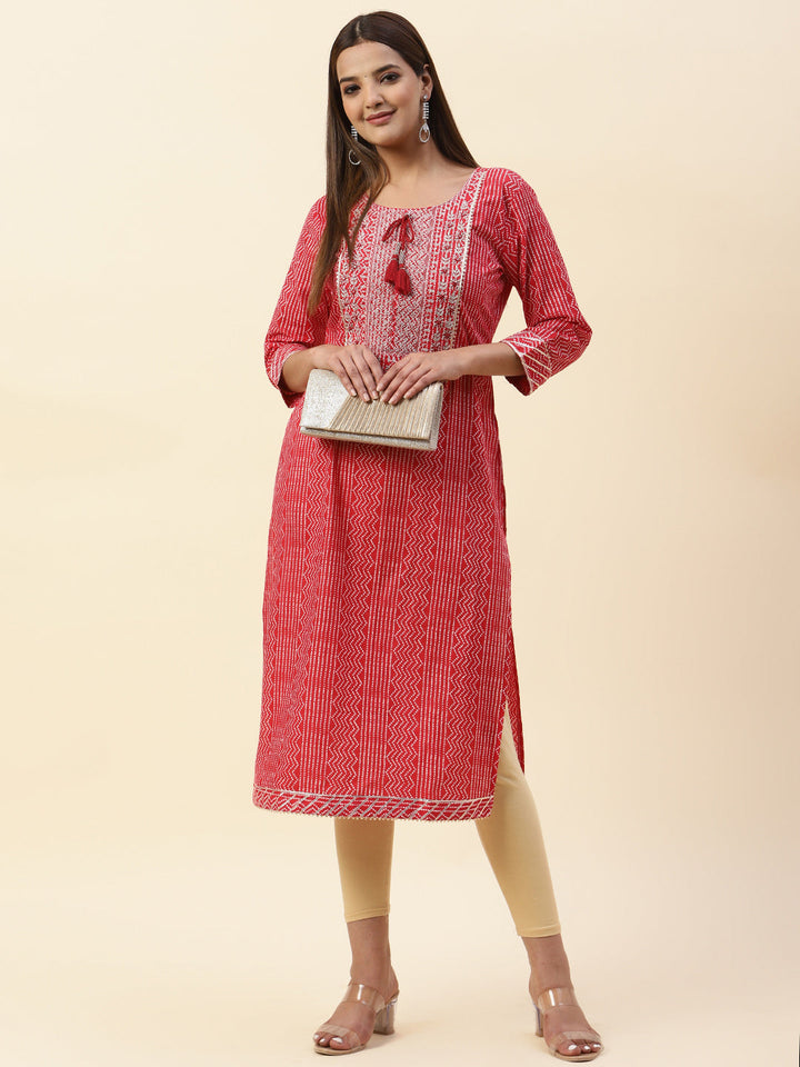 Printed &amp; Neck Embroidered Cotton Kurta
