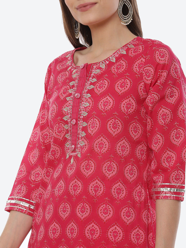 Printed Cotton Kurta With Garara &amp; Chiffon Dupatta