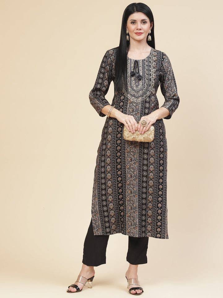 Neck Embroidered &amp; Printed Muslin Kurta With Pants