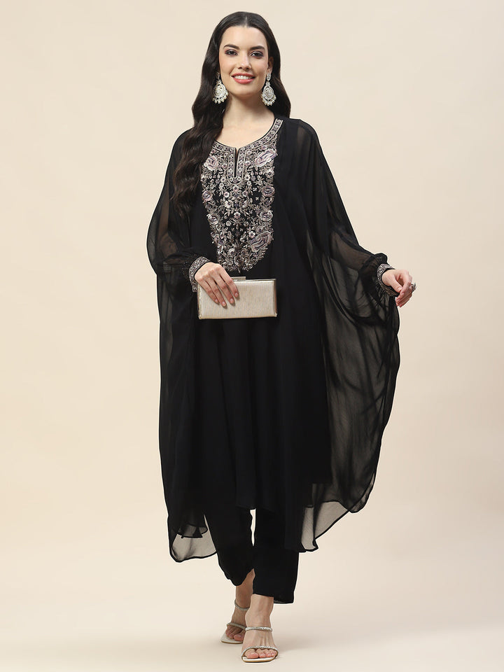 Yoke Embroidery Georgette Kurta With Pants