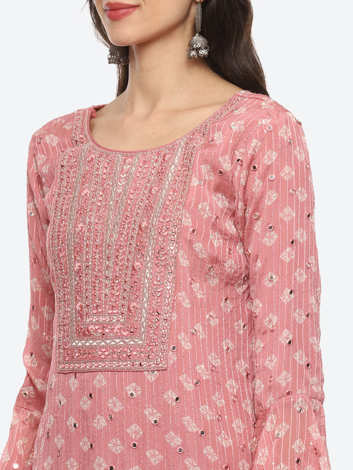Resham Mirror Booti Crepe Kurta With Garara &amp; Silk Dupatta