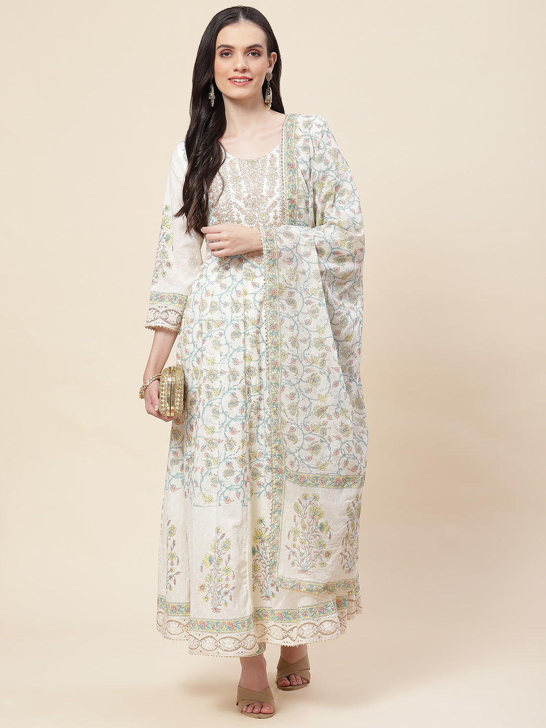 Floral Printed Cotton Kurta With Pants &amp; Dupatta