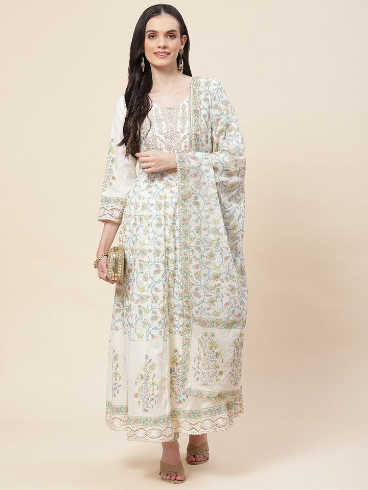Floral Printed Cotton Kurta With Pants &amp; Dupatta