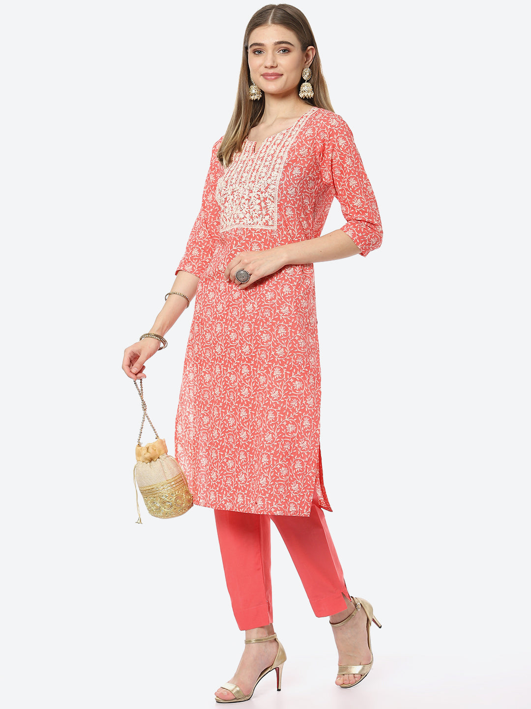 Resham Work Printed Chanderi Kurta With Pant
