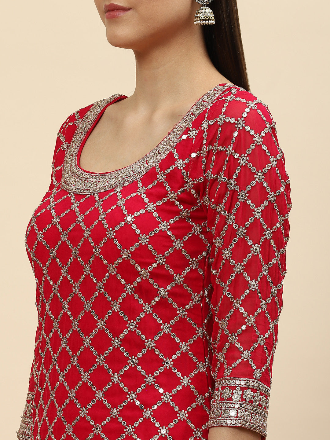 Zari Jaal Georgette Kurta With Palazzo &amp; Dupatta