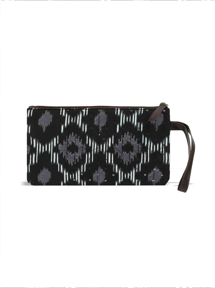 Black Printed Cotton Handbag With Pouch