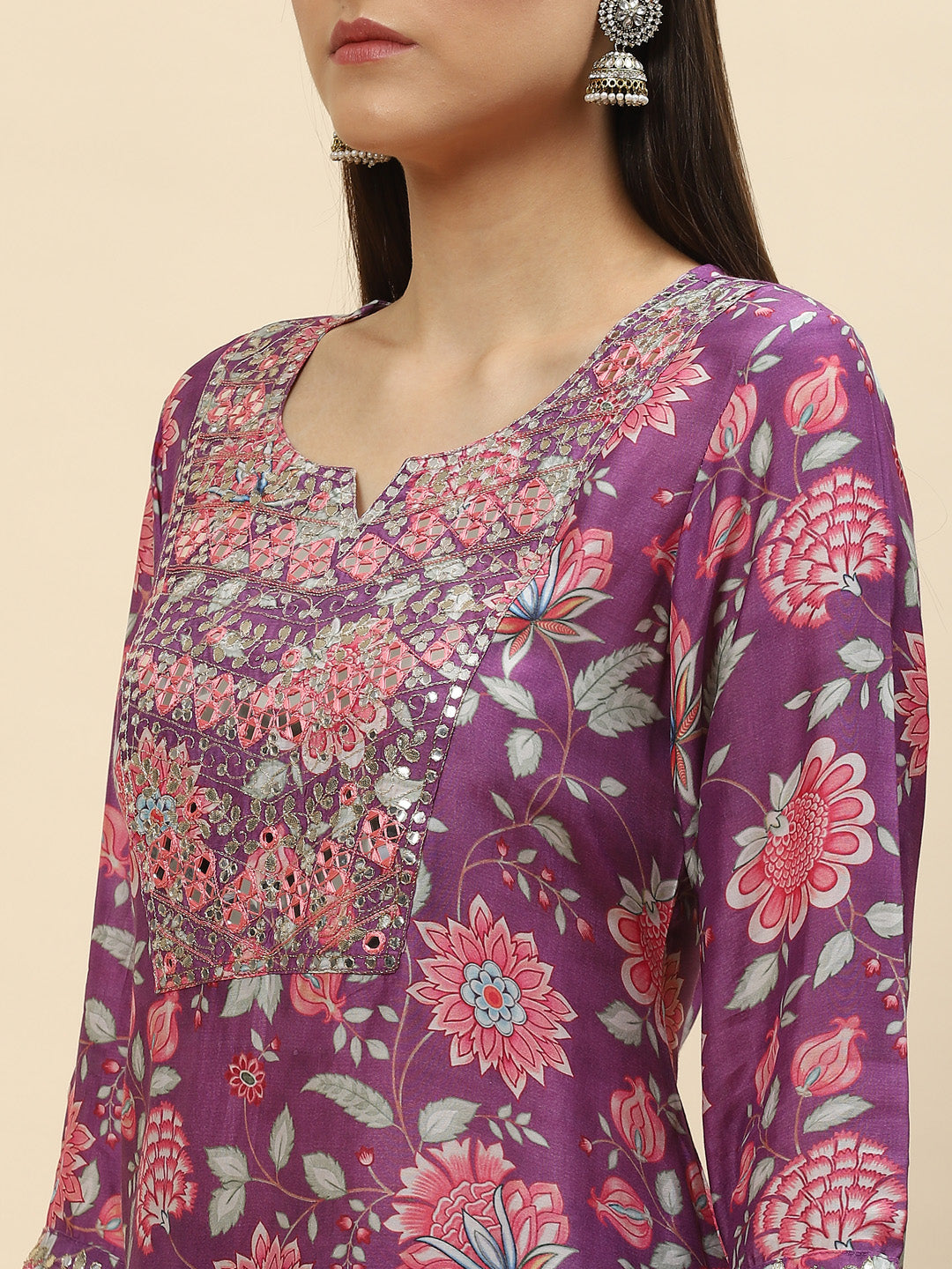 Floral Digital Printed Chanderi Kurta With Garara &amp; Dupatta