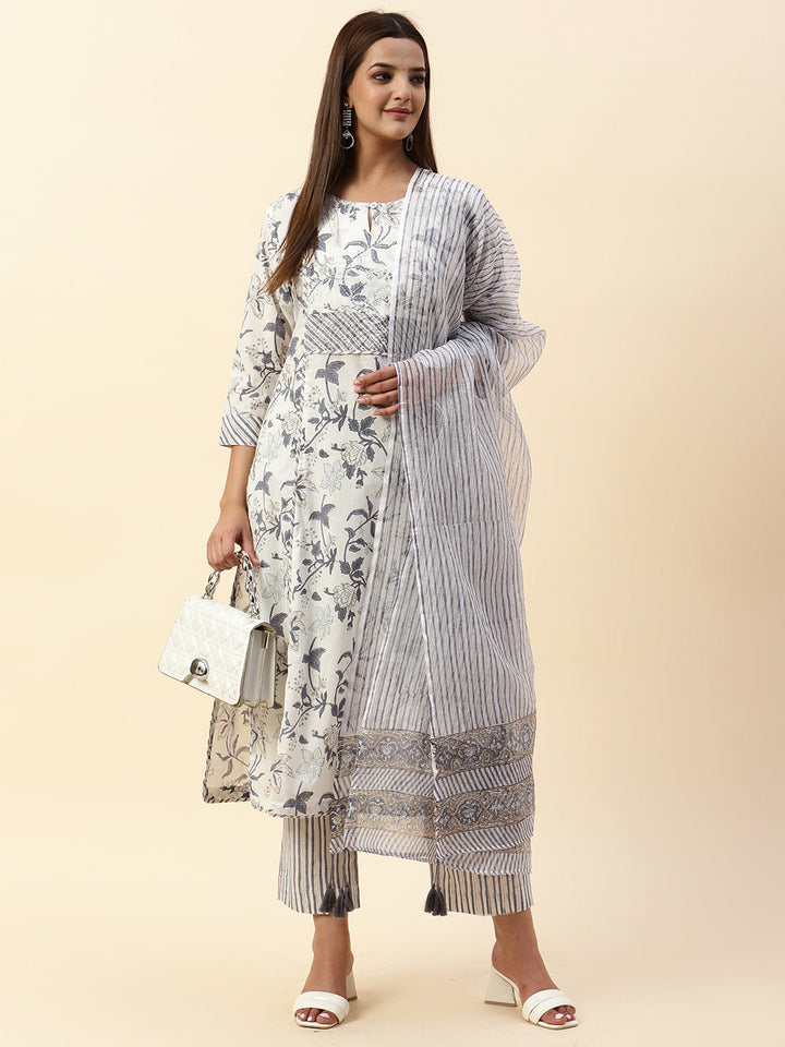 Floral Printed Cotton Kurta With Pants &amp; Dupatta
