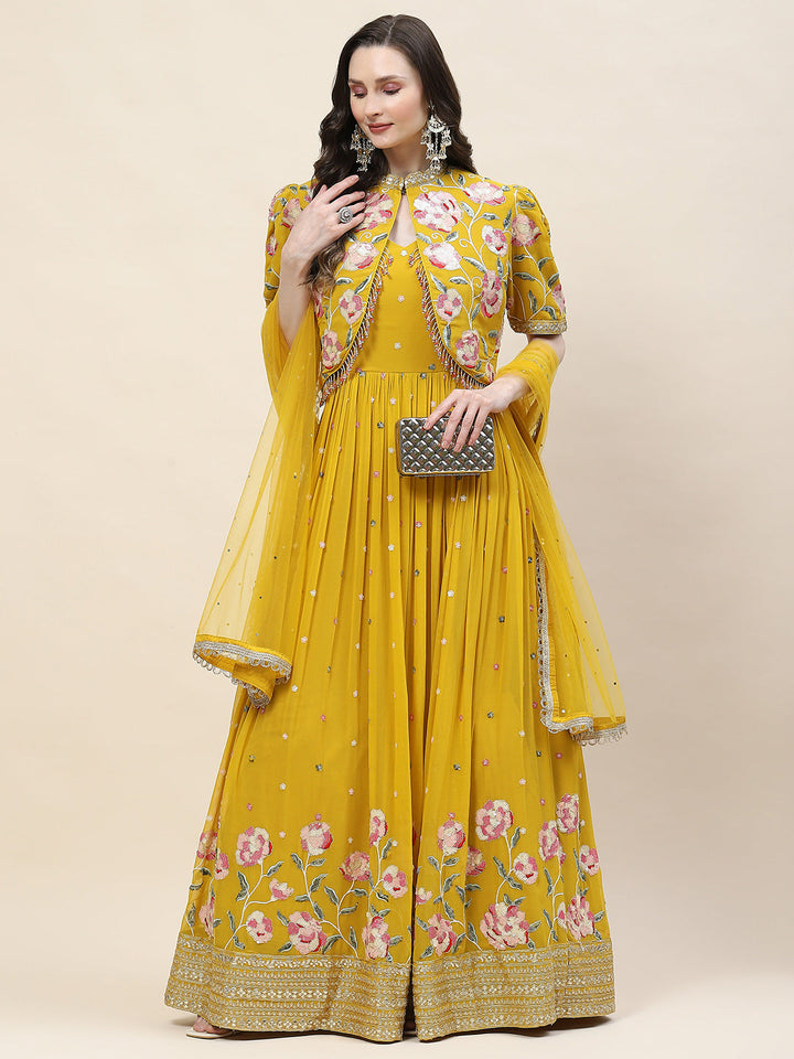 Floral Sequin Embroidery Georgette Kurta With Jacket &amp; Dupatta