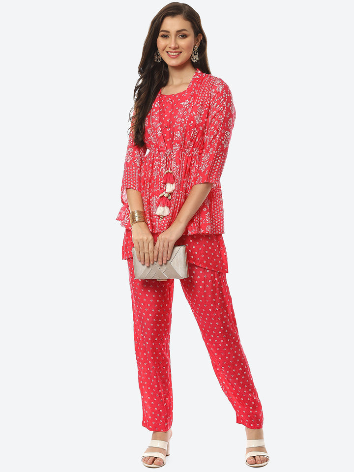 Floral Printed Muslin Kurti With Pant &amp; Jacket