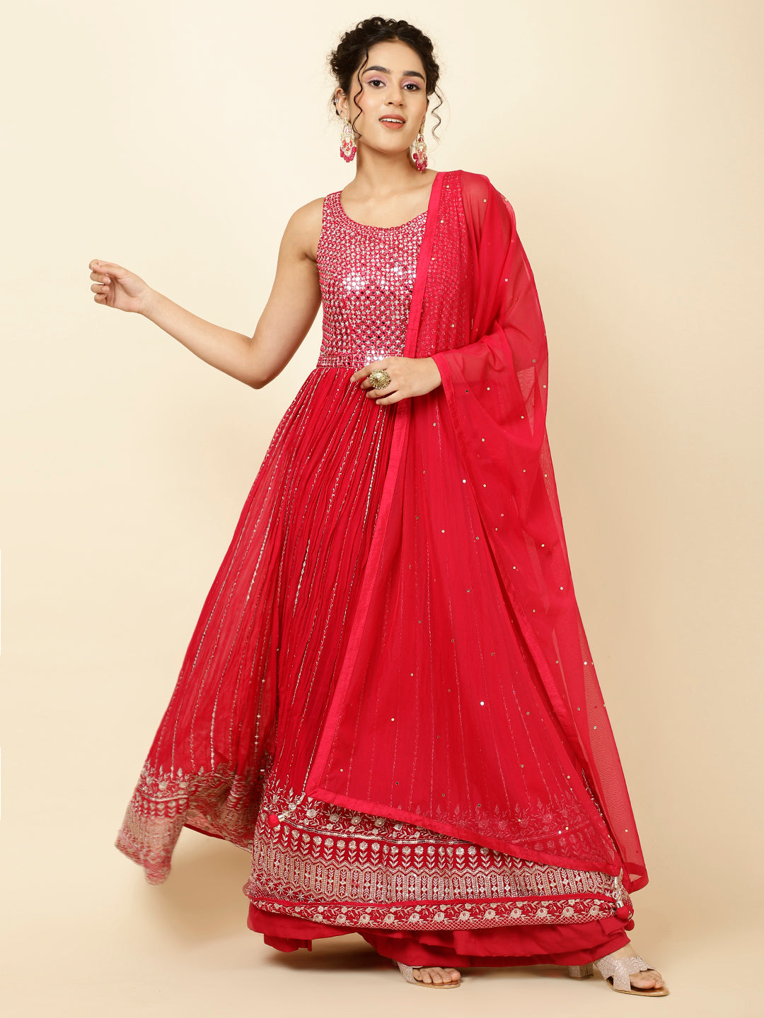 Embroidered Georgette Kurta With Pants &amp; Dupatta