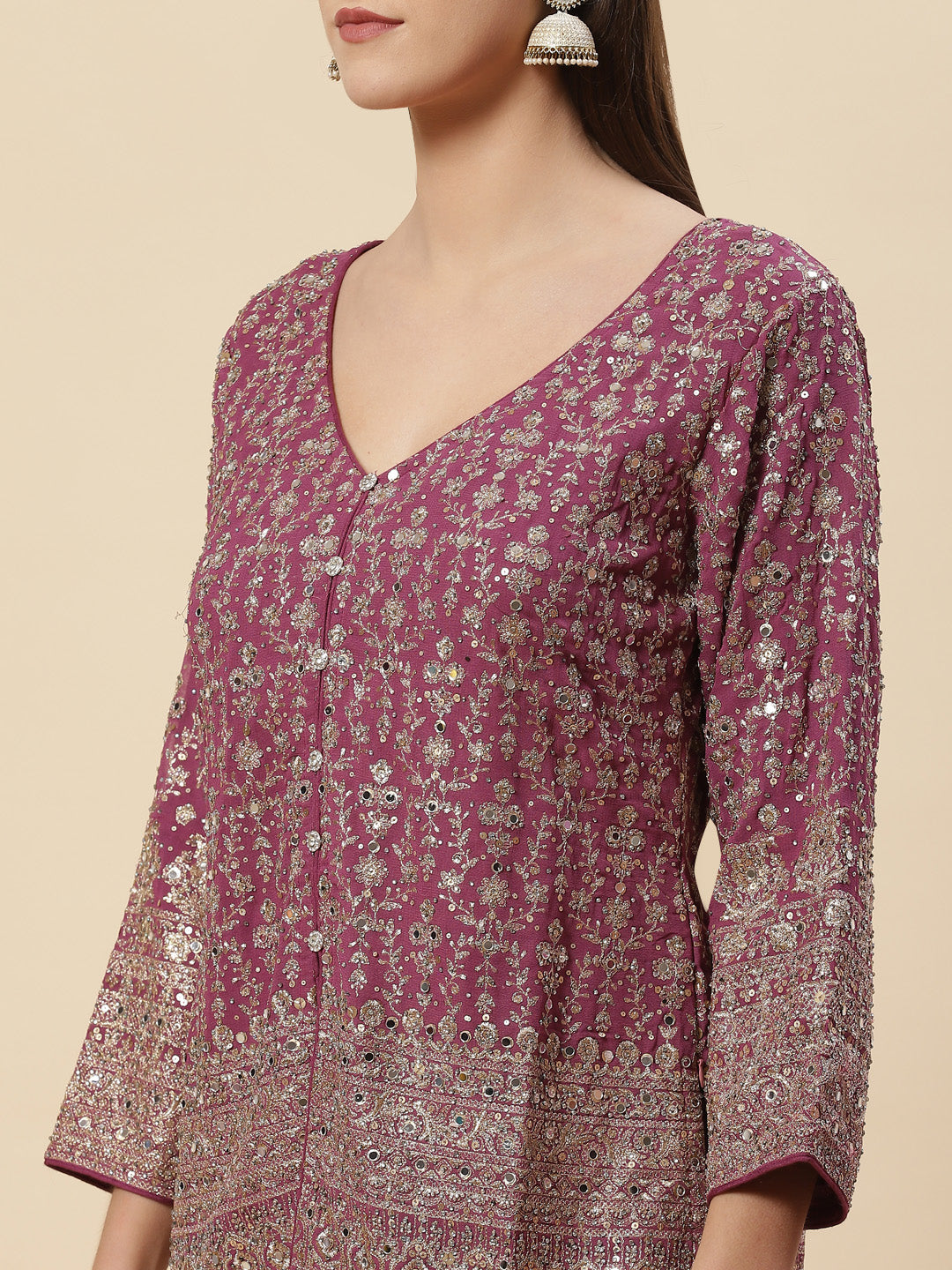 Sequin Resham Embroidered Georgette Crop Top With Jacket Garara &amp; Dupatta