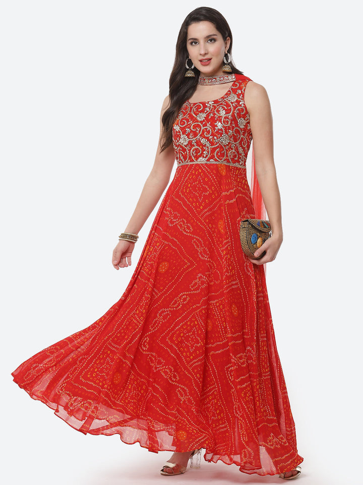 Bandhej Printed Georgette Stitched Anarkali Salwar Kameez With Net Dupatta