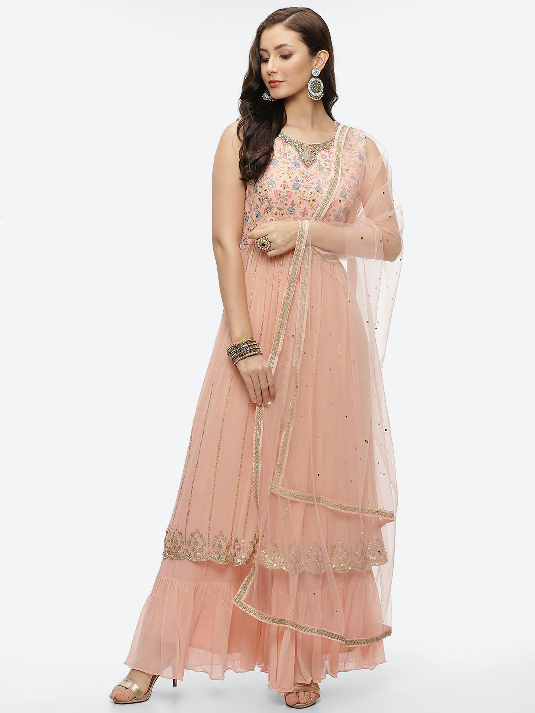 Zari Embroidered Georgette Kurta With Palazzo &amp; Dupatta